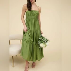 Blu Pepper Green Waist Tie Shirred Tiered Midi Dress Cottagecore Milkmaid Flowy